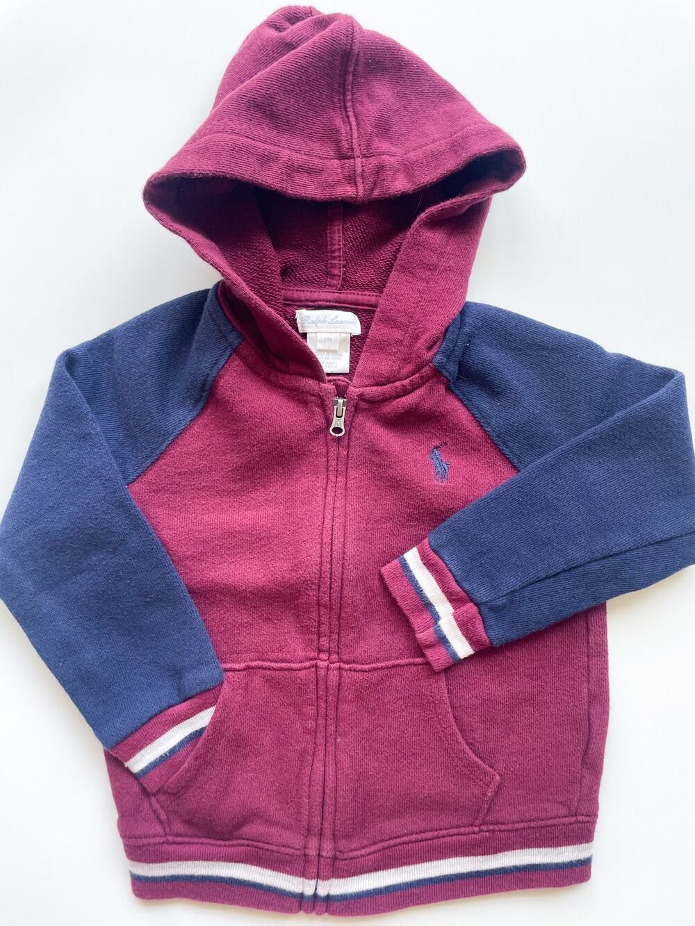 Toddler Boy's Ralph Lauren Maroon and Navy Zip Up Hooded Sweatshirt Size 24 Mo.